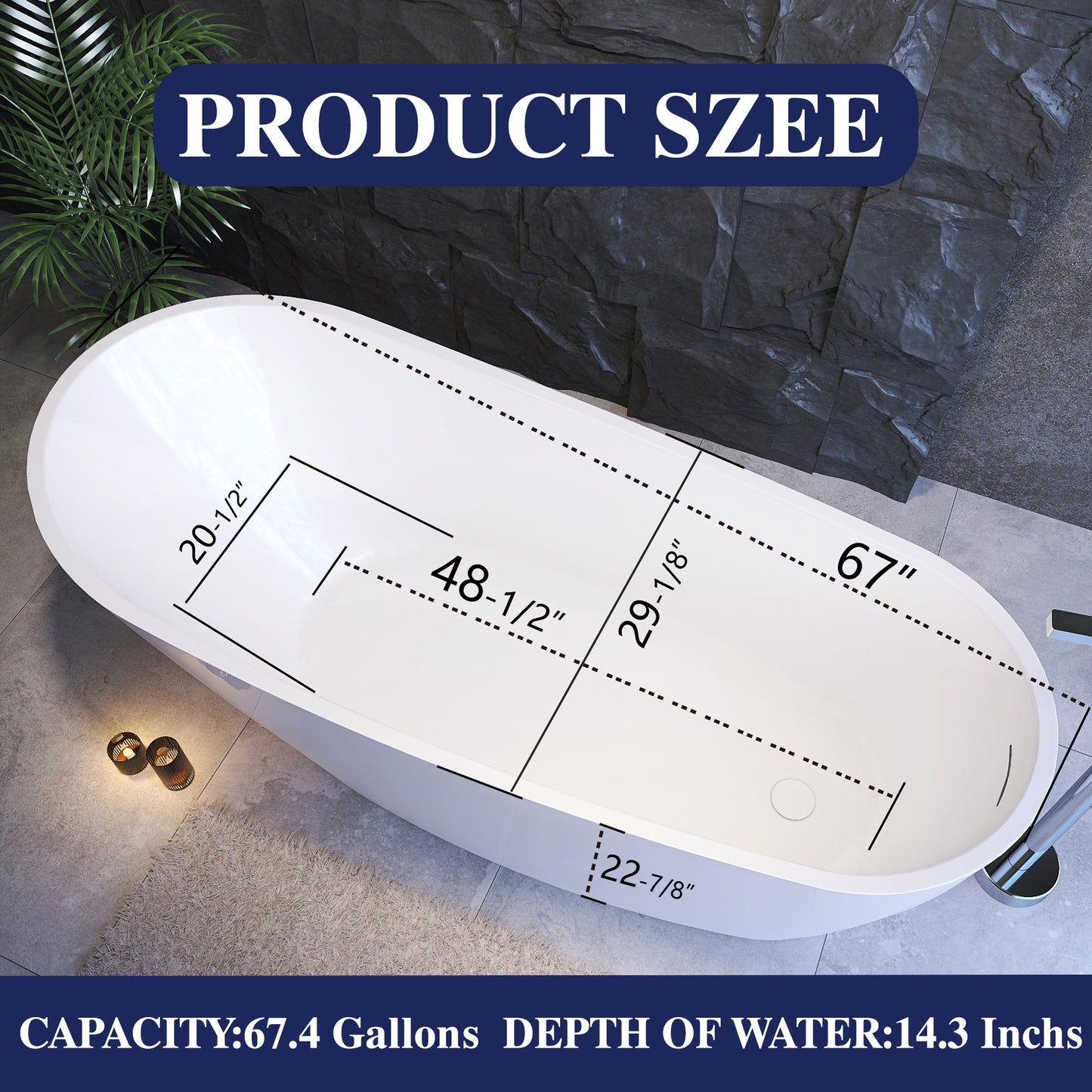 Adecab Premium 67" High-Back Acrylic Freestanding Bathtub with Cushioned Backrest - ADE1099-170 product size