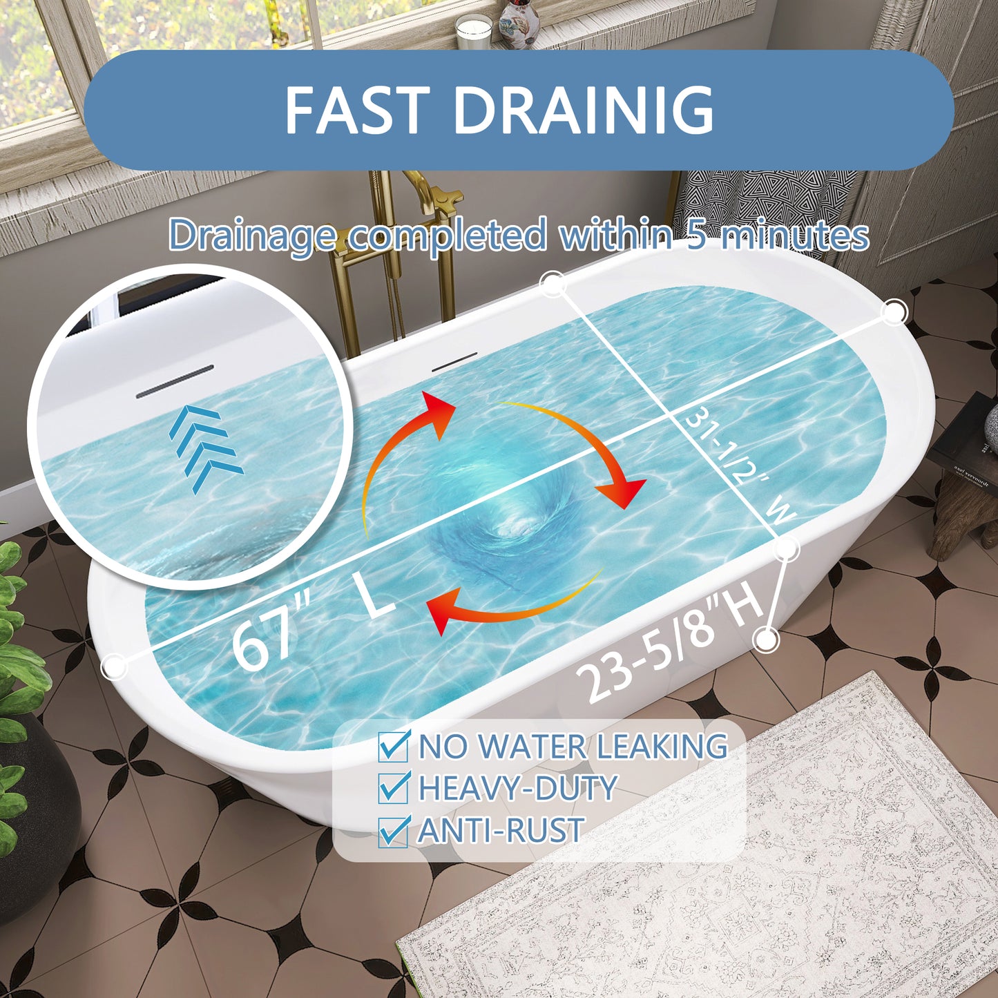Adecab Thickened 67" Acrylic Freestanding Tub with Durable Build - PRODUCT SIZE