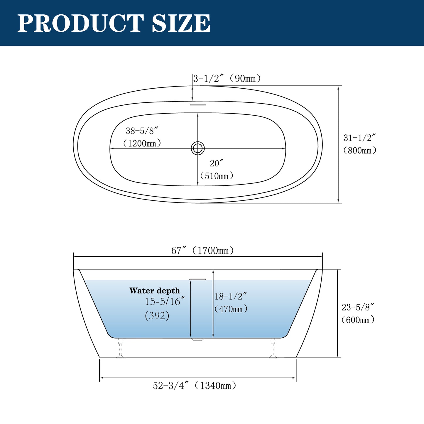 Spacious 67" Acrylic Freestanding Bathroom Tub with Elegant Design - ADE1358-170