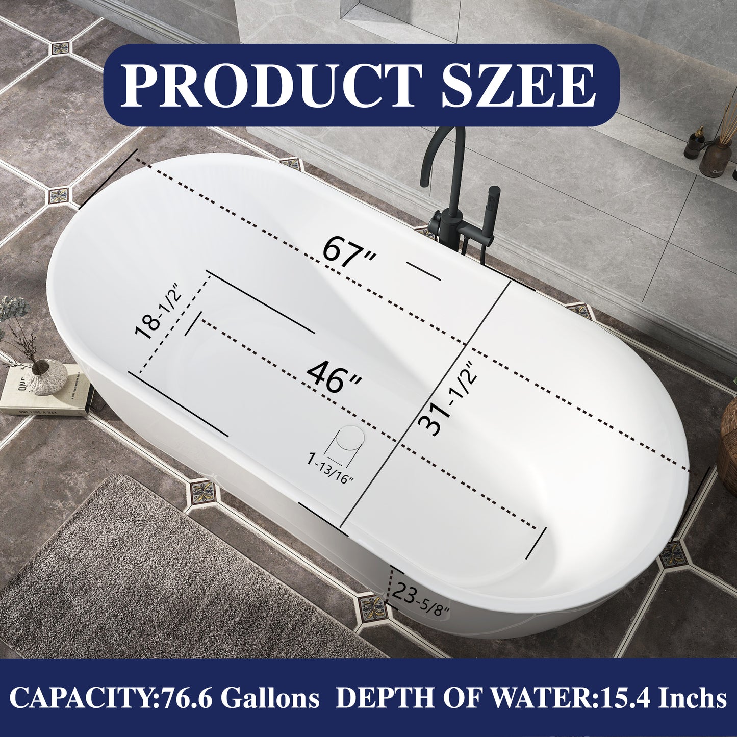 Luxury 67" Acrylic Freestanding Soaking Tub with Overflow Drain - ADE1368-170