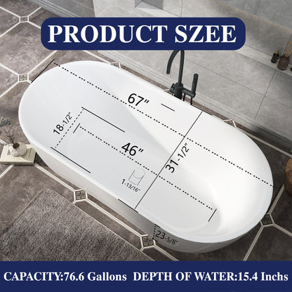 Luxury 67" Acrylic Freestanding Soaking Tub with Overflow Drain - ADE1368-170
