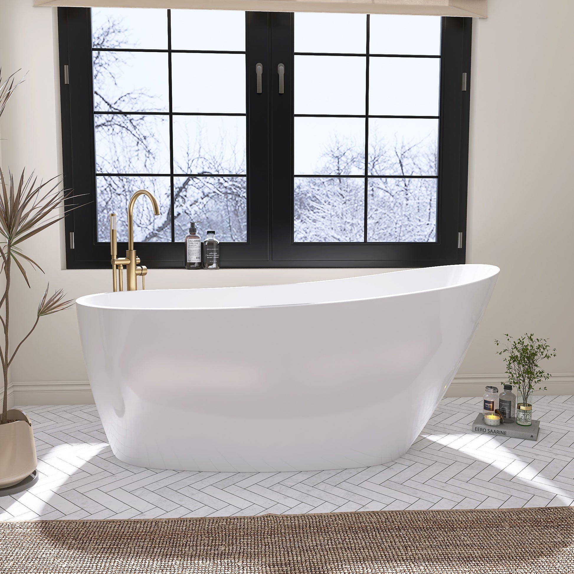 Elegant 59" High-Back White Acrylic Freestanding Soaking Bathtub - ADE1099-150