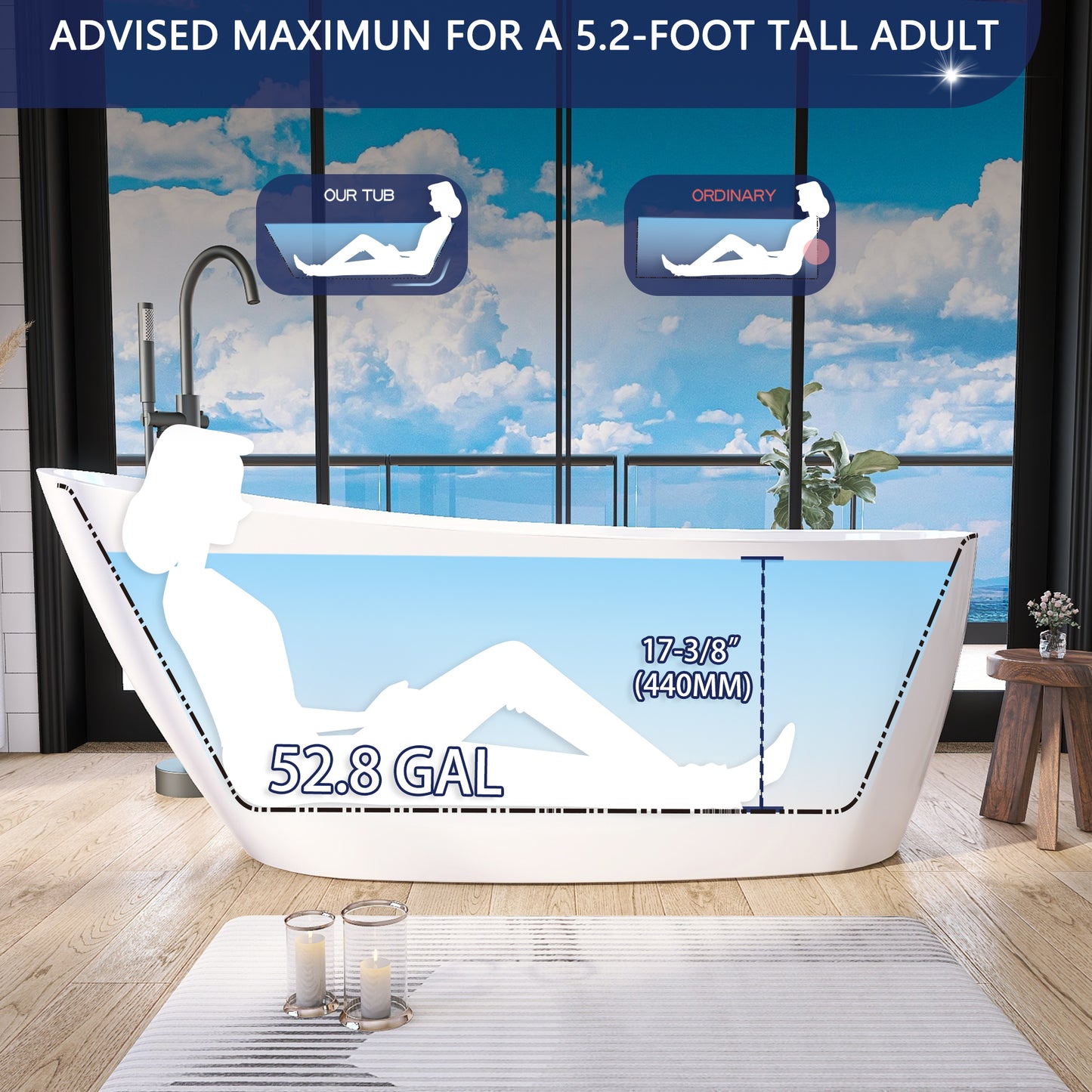 Elegant 59" High-Back White Acrylic Freestanding Soaking Bathtub - ADE1099-150