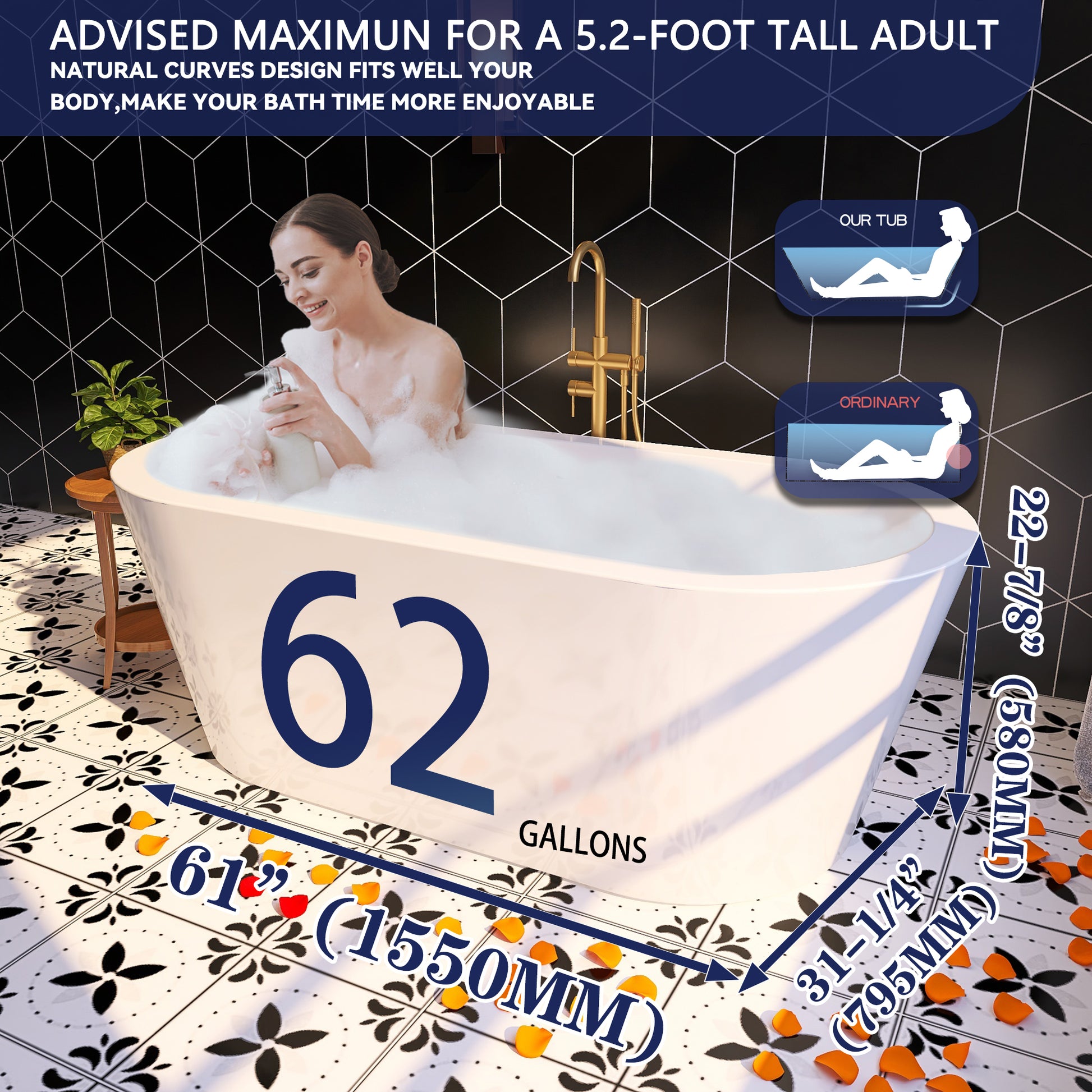 Adecab Premium 61" Acrylic Freestanding Thickened Bathtub with Modern Aesthetic - ADE1012-155