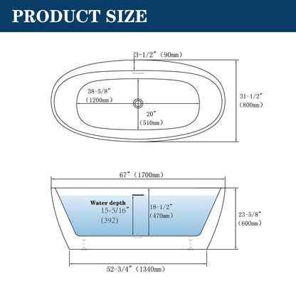 Spacious 67" Acrylic Freestanding Bathroom Tub with Elegant Design - ADE1358-170